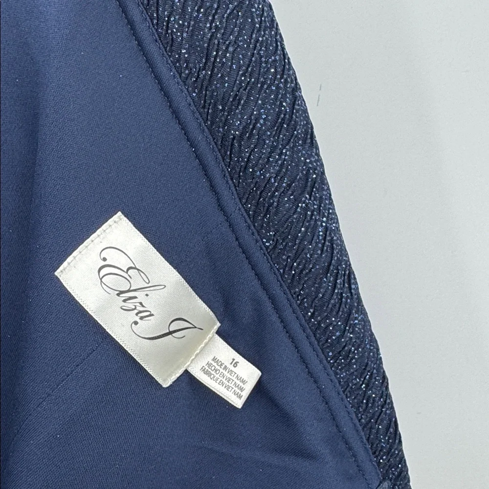 Eliza J Navy Blue Metallic Off The Shoulder Elegant Formal NWT Gown Size 16 - Picture 10 of 12